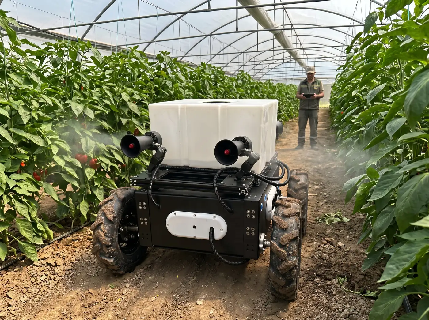Operatörün serada tabletle robotu uzaktan yönettiğini ve robotun ilaçladığını gösteren görselleştirme